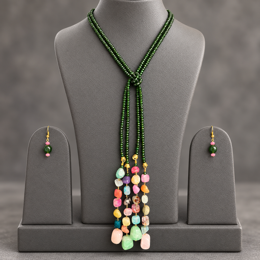 Green Onyx double string mala and multi colourgemstone Lariat set with earrings