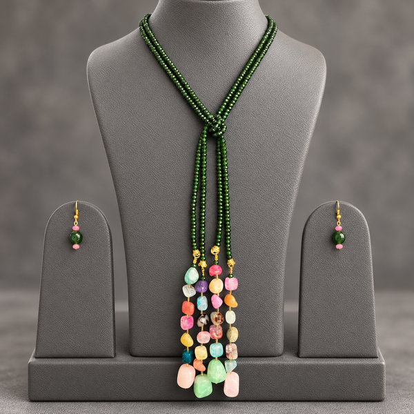 Green Onyx double string mala and multi colourgemstone Lariat set with earrings