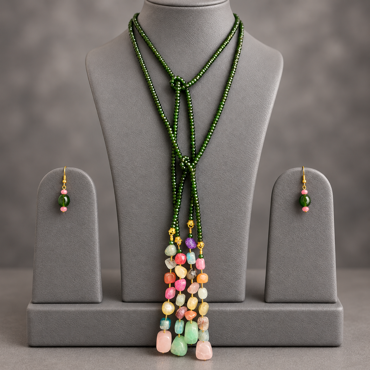 Green Onyx double string mala and multi colourgemstone Lariat set with earrings