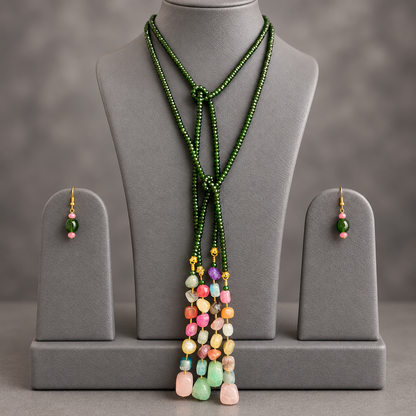 Green Onyx double string mala and multi colourgemstone Lariat set with earrings