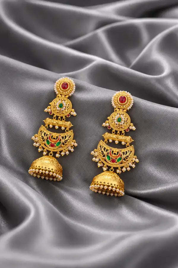 Traditional Gold Jhumka Earrings with Pearl Drops & Kundan Stones | Bridal Temple Jewelry