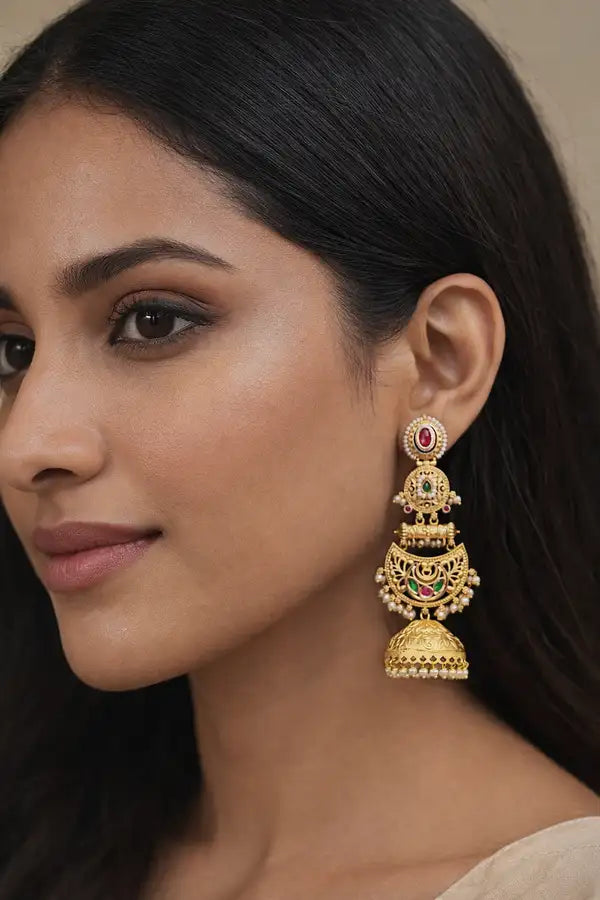 Traditional Gold Jhumka Earrings with Pearl Drops & Kundan Stones | Bridal Temple Jewelry