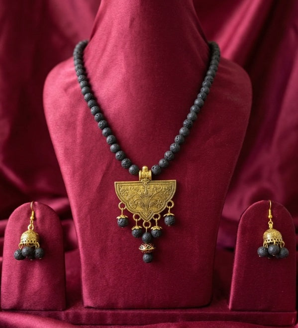 Handcrafted Black Lava Stone Necklace Set with Antique Gold Ethnic Pendant & Jhumkas