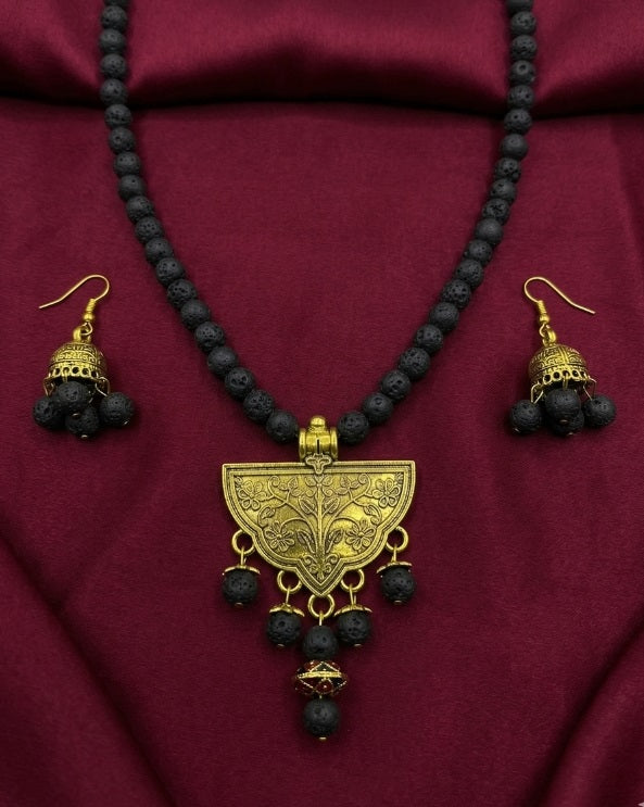 Handcrafted Black Lava Stone Necklace Set with Antique Gold Ethnic Pendant & Jhumkas