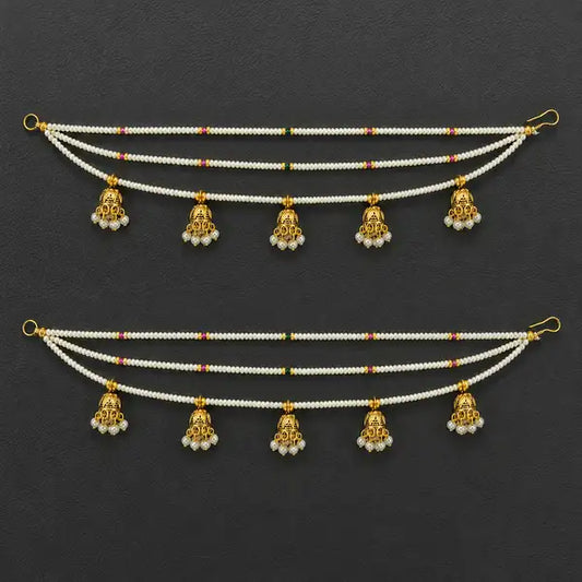 Handmade Pearl and antique jhumki Ear Chain . Ideal ear jewellery for festivals and wedding ceremonies