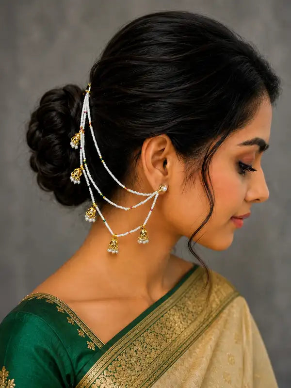 Handmade Pearl and antique jhumki Ear Chain . Ideal ear jewellery for festivals and wedding ceremonies