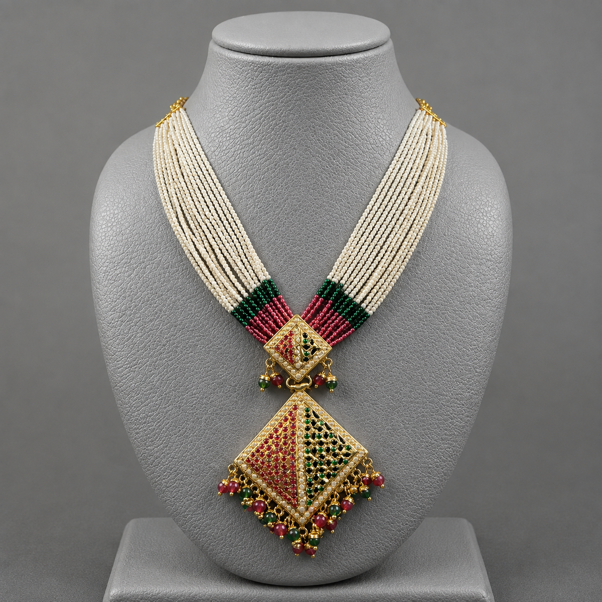 A traditional Indian statement necklace displayed on a gray mannequin bust. The necklace features a multi-strand cream bead collar, green and magenta beaded accents at the collar, and a large central diamond-shaped pendant decorated with gold, red, and green stones.