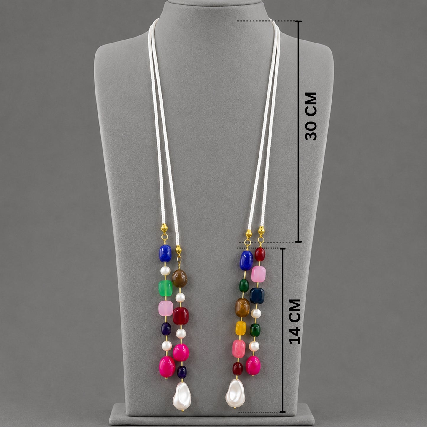 Handcrafted White Beaded Lariat / Long Necklace Set with Multicolor Gemstone Drops & Matching Earrings