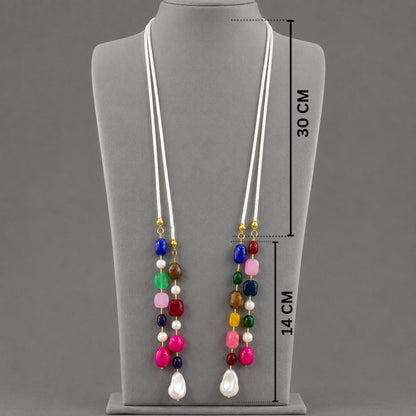 Shell pearl double string mala and multi colour gemstone Lariat set with earrings