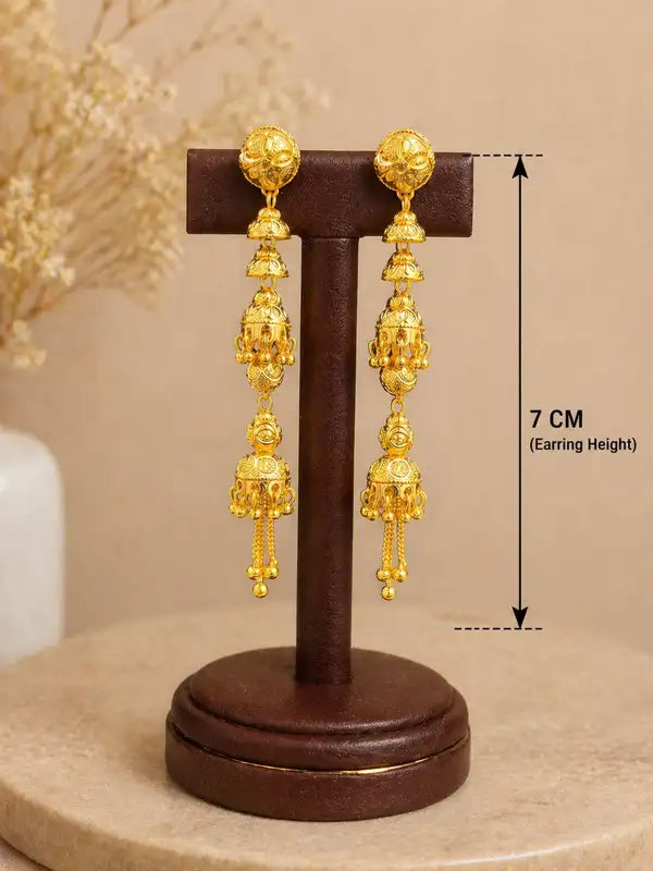 Gold plated multi-tier long Jhumki earrings with Delicate tassel