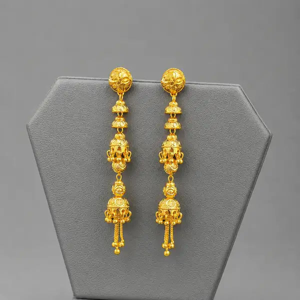 Gold plated multi-tier long Jhumki earrings with Delicate tassel