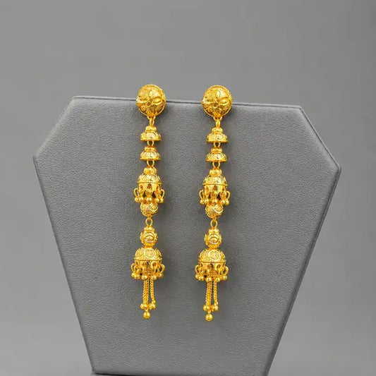 Gold plated multi-tier long Jhumki earrings with Delicate tassel