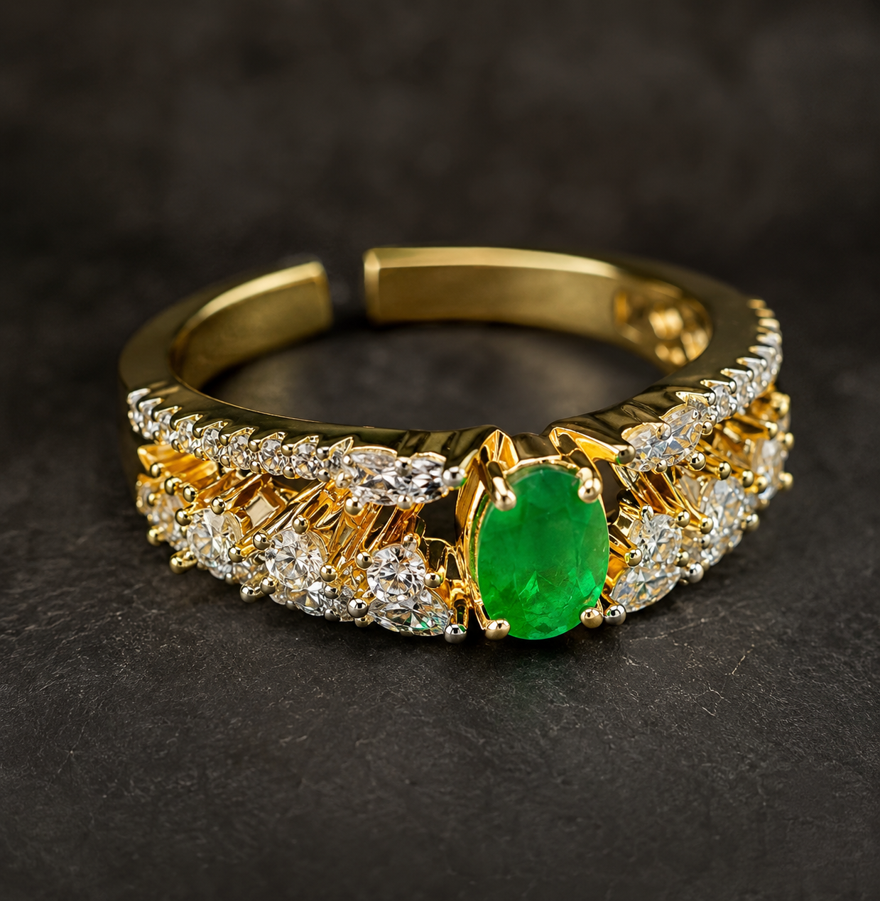 Luxurious Emerald green & AD Gold Plated adjustable Ring for Women