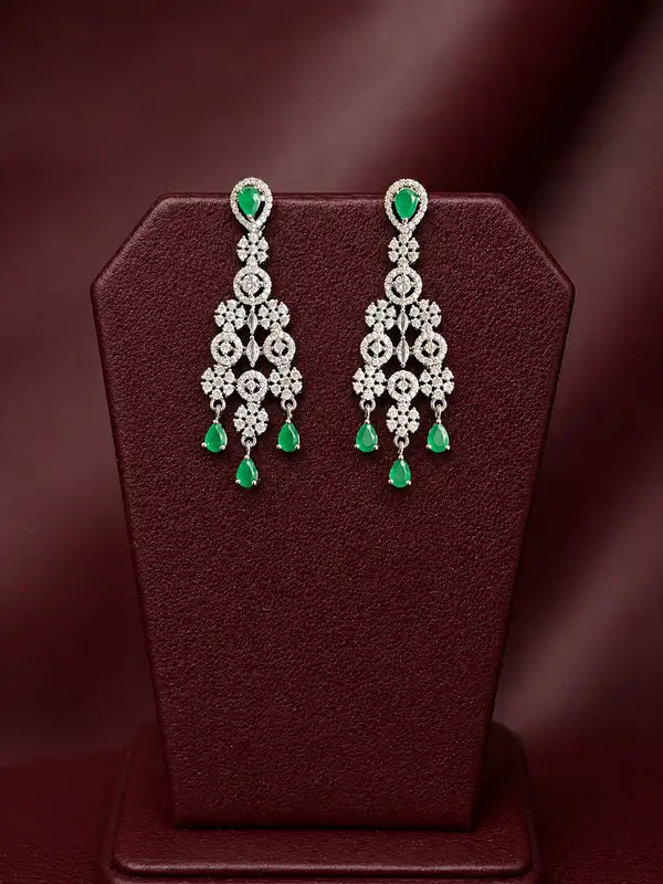 Emerald Teardrop American Diamond Necklace, Earrings & Maang Tikka