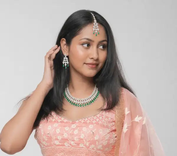 Emerald Teardrop American Diamond Necklace, Earrings & Maang Tikka