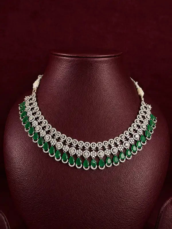 Emerald Teardrop American Diamond Necklace, Earrings & Maang Tikka