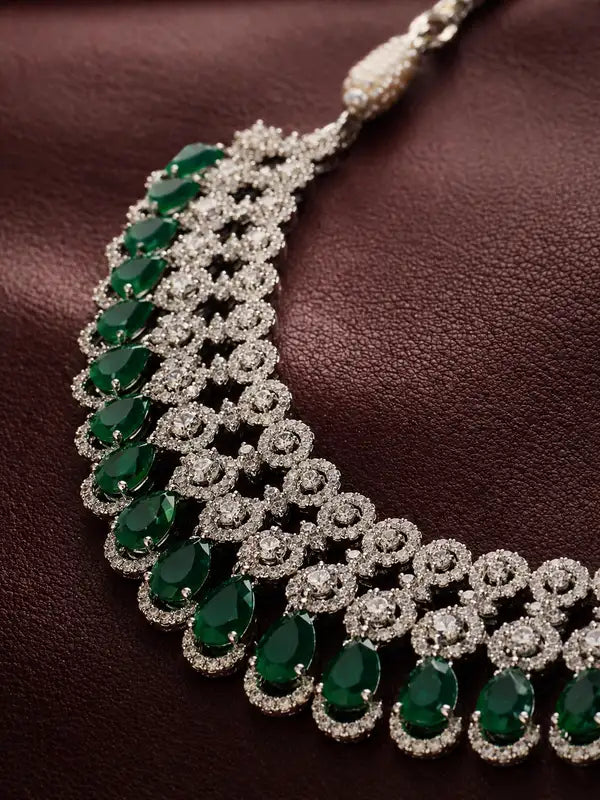 Emerald Teardrop American Diamond Necklace, Earrings & Maang Tikka