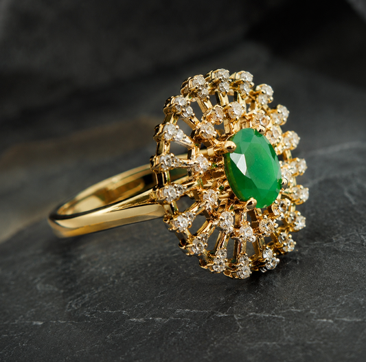 Luxury Emerald Halo Ring in Gold with Diamond Accents | Elegant Statement Jewelry