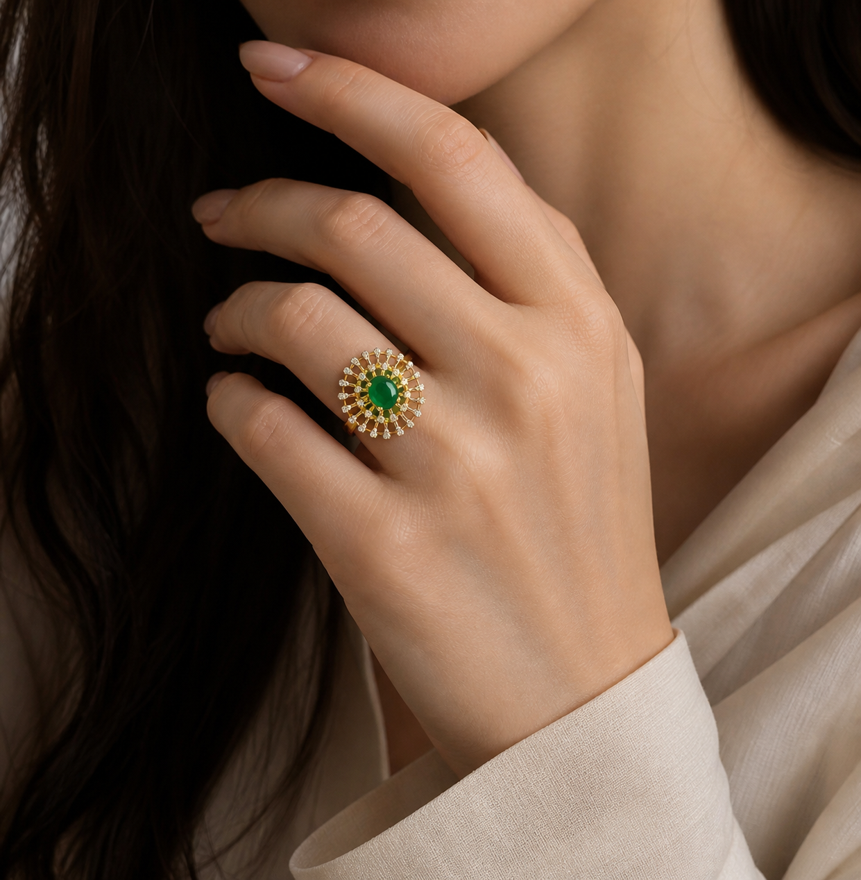 Luxury Emerald Halo Ring in Gold with Diamond Accents | Elegant Statement Jewelry