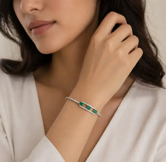 Emerald Green Cz Diamond Bracelet | Platinum finish