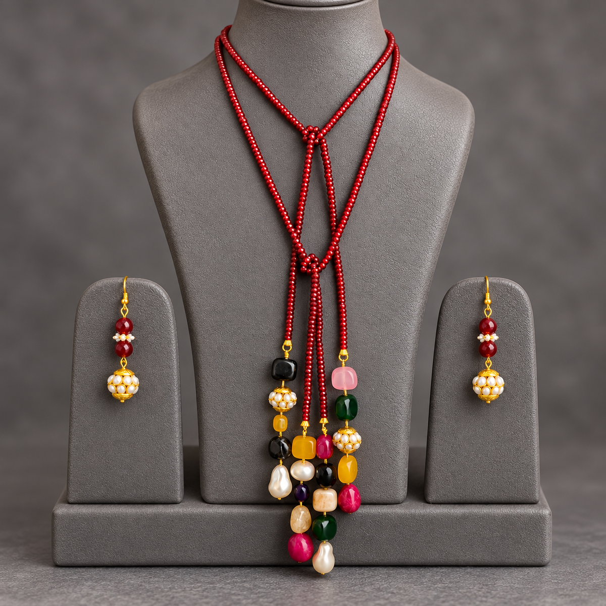 Crimson Garnet double string mala and multi colourgemstone Lariat set with earrings