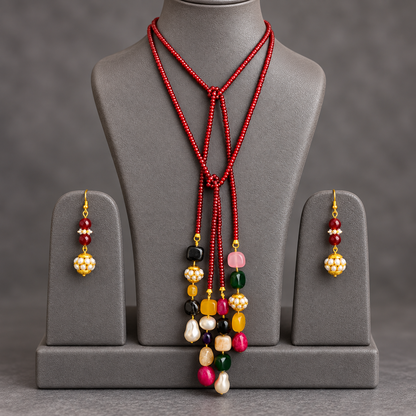 Crimson Garnet double string mala and multi colourgemstone Lariat set with earrings
