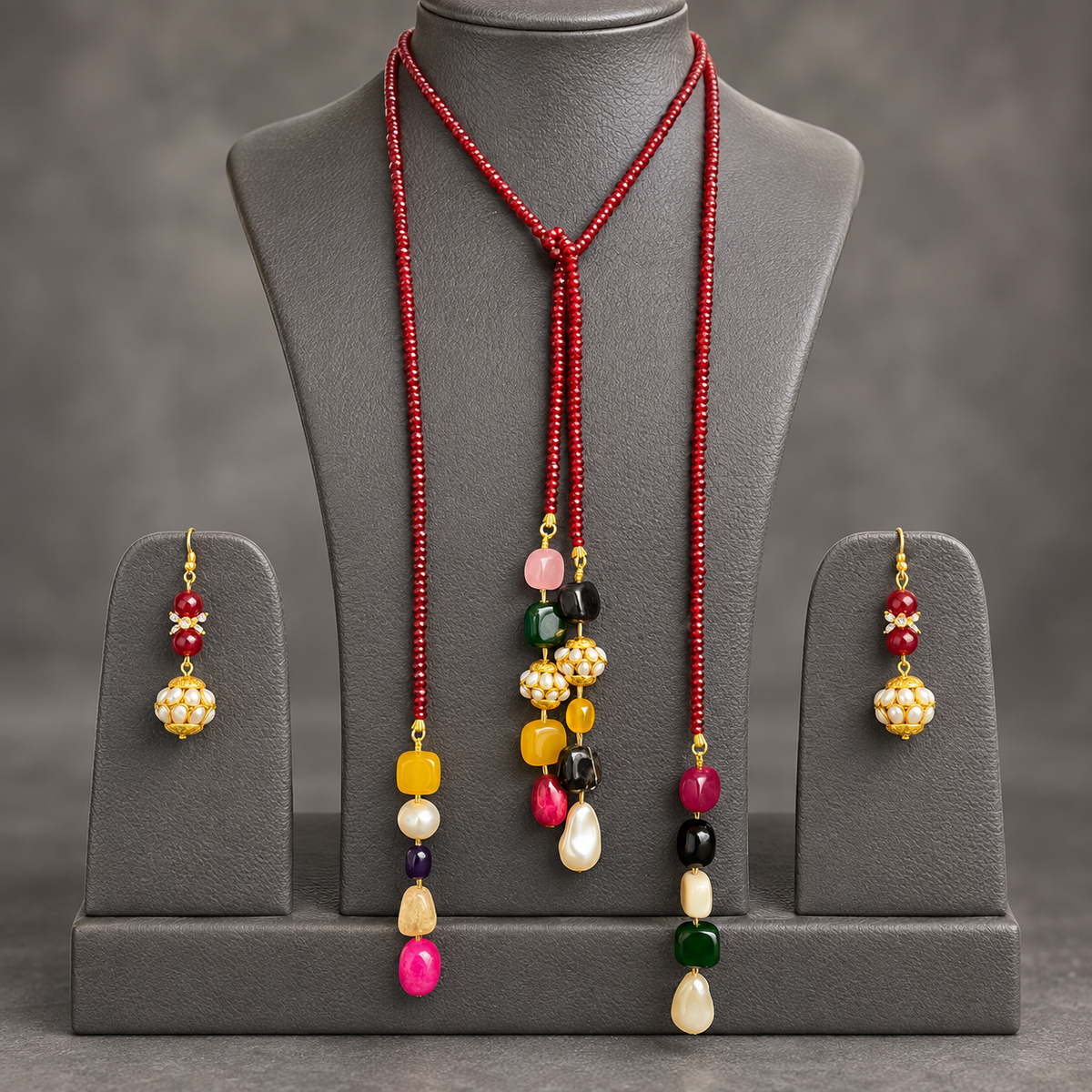 Crimson Garnet double string mala and multi colourgemstone Lariat set with earrings