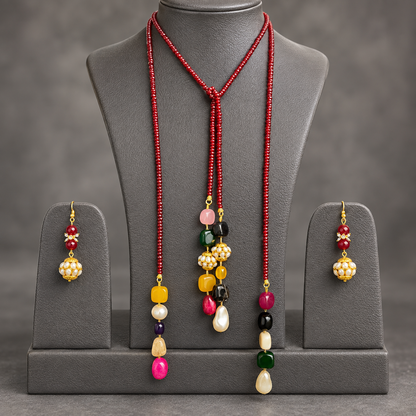 Crimson Garnet double string mala and multi colourgemstone Lariat set with earrings