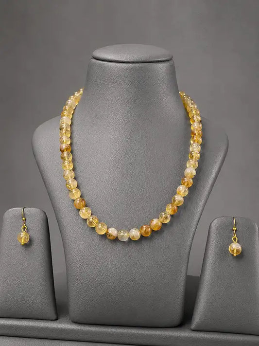 Natural Citrine Beaded Necklace Set with Earrings , Handcrafted Gemstone Jewellery for Women