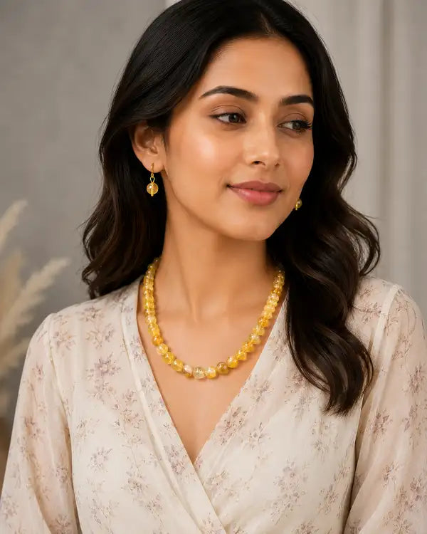 Natural Citrine Beaded Necklace Set with Earrings , Handcrafted Gemstone Jewellery for Women