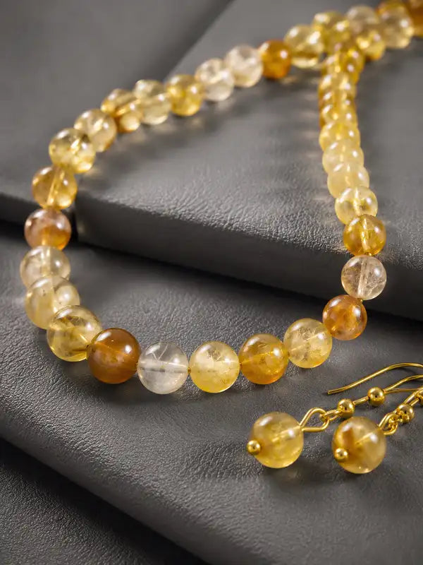 Natural Citrine Beaded Necklace Set with Earrings , Handcrafted Gemstone Jewellery for Women