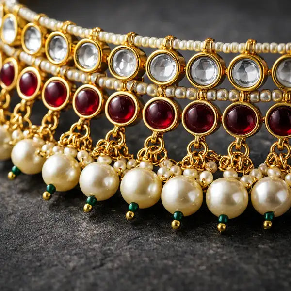 Royal Kundan & Kemp Stone Bridal Anklet | Pearl Drop Payal