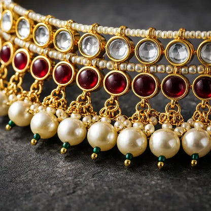 Royal Kundan & Kemp Stone Bridal Anklet | Pearl Drop Payal
