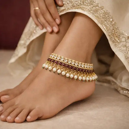 Royal Kundan & Kemp Stone Bridal Anklet | Pearl Drop Payal