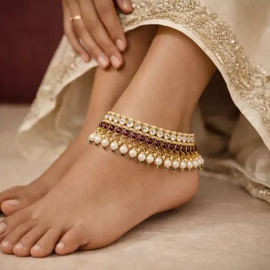 Royal Kundan & Kemp Stone Bridal Anklet | Pearl Drop Payal