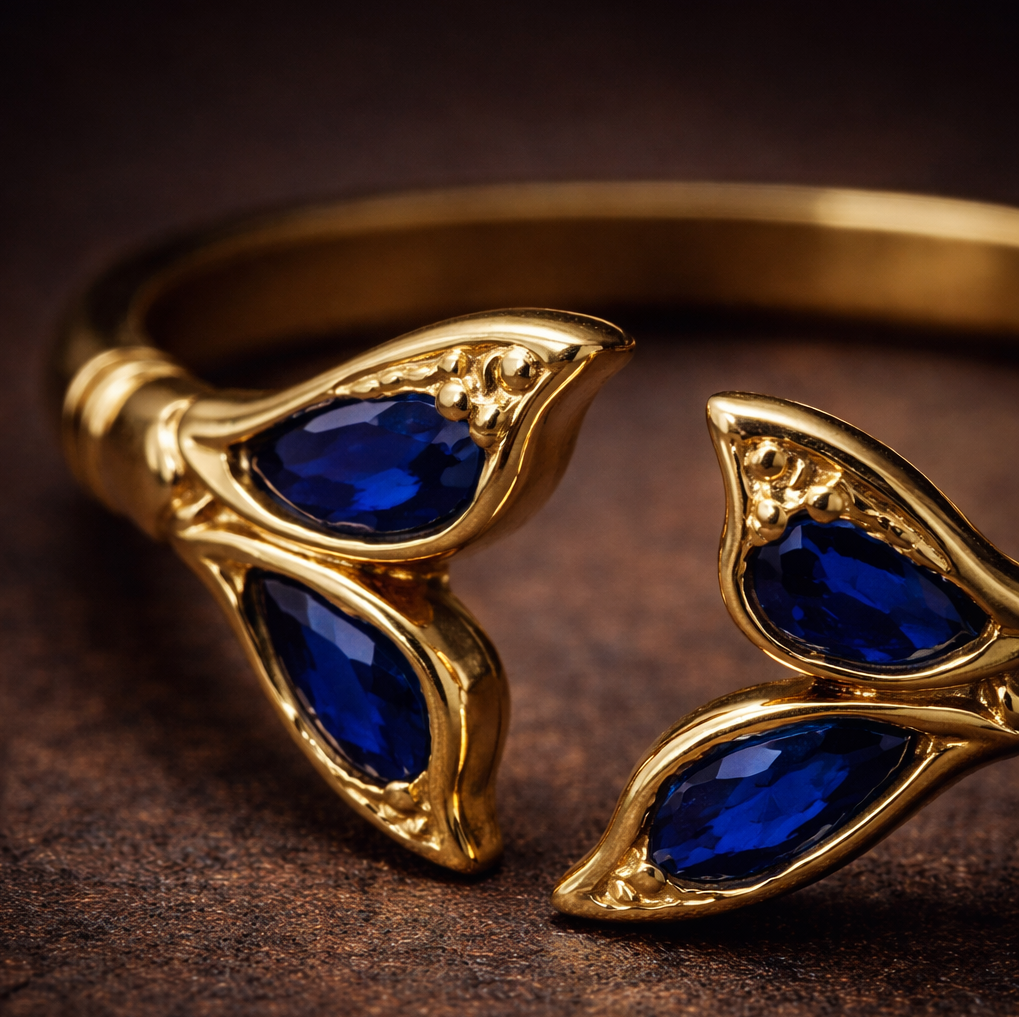 Blue Enamel Gold Leaf Adjustable Open Ring