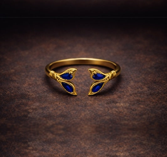 Blue Enamel Gold Leaf Adjustable Open Ring