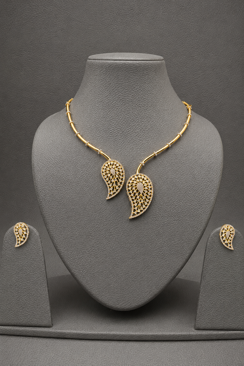 Modern Two Tone Leaf Cz Necklace And Earrings Set In 18K Gold Finish