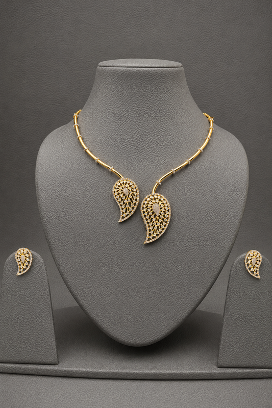 Modern Two Tone Leaf Cz Necklace And Earrings Set In 18K Gold Finish