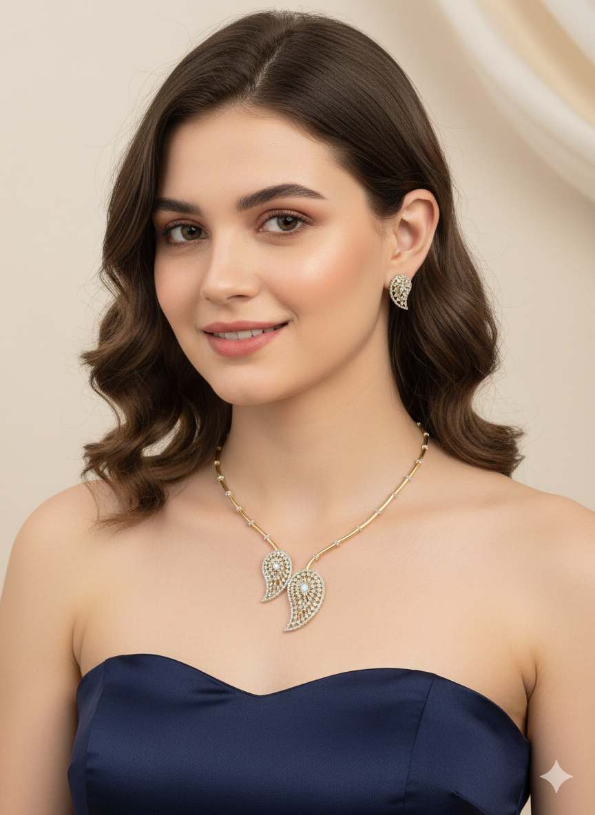 Modern Two Tone Leaf Cz Necklace And Earrings Set In 18K Gold Finish
