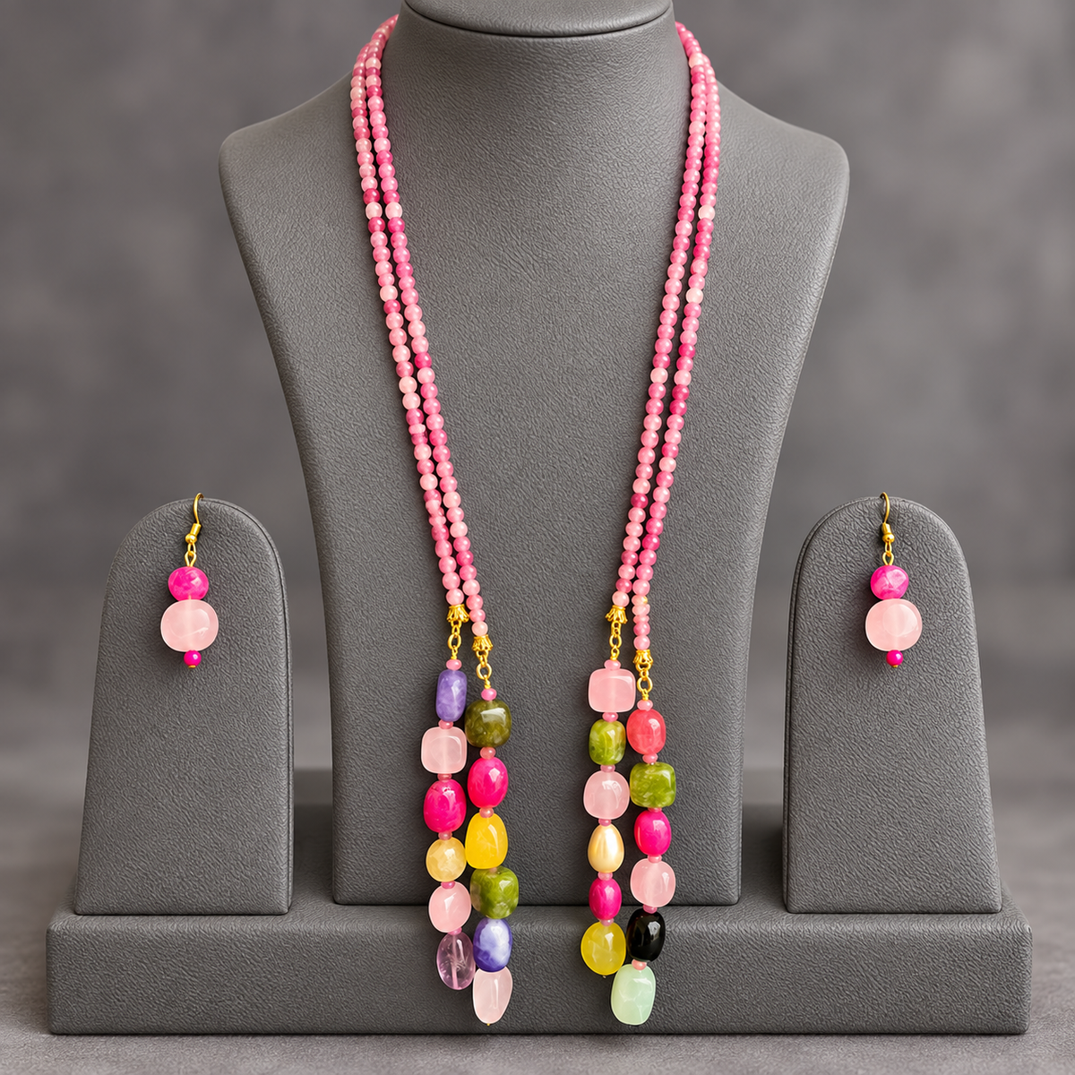 Pink Sapphire double string mala and multi colourgemstone Lariat set with earrings