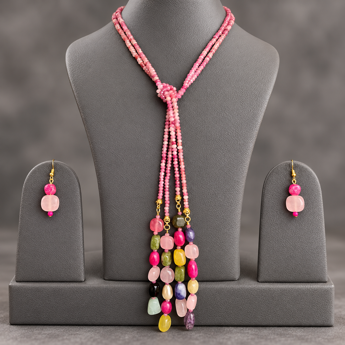 Pink Sapphire double string mala and multi colourgemstone Lariat set with earrings
