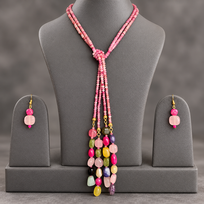 Pink Sapphire double string mala and multi colourgemstone Lariat set with earrings