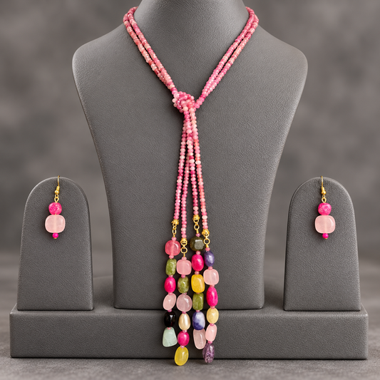 Pink Sapphire double string mala and multi colourgemstone Lariat set with earrings