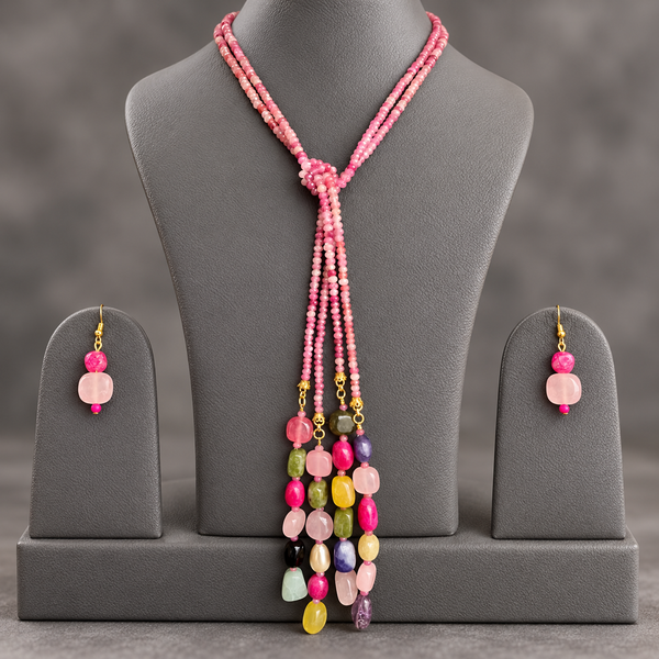 Pink Sapphire double string mala and multi colourgemstone Lariat set with earrings