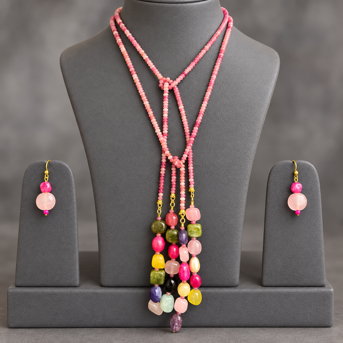 Pink Sapphire double string mala and multi colourgemstone Lariat set with earrings