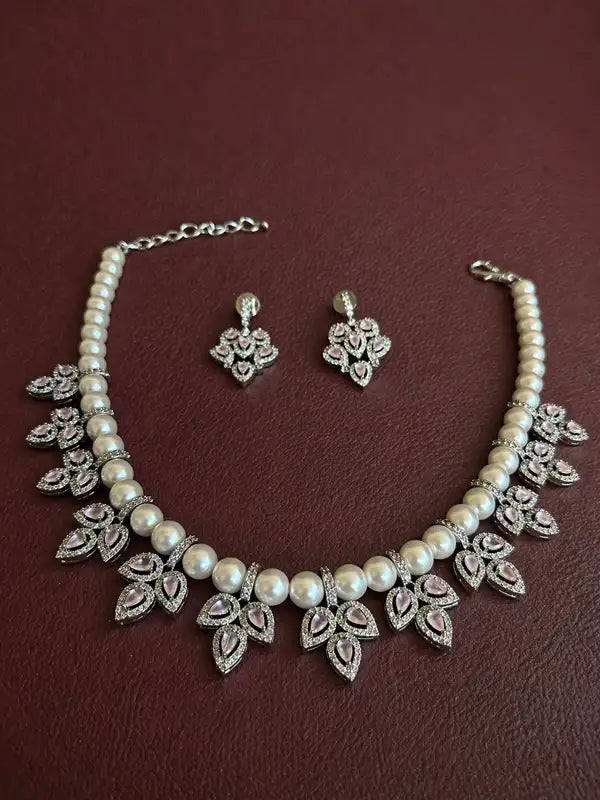 Pink Marquise cut, Handcrafted,  American Diamond and Pearl statement Necklace with Matching Earrings