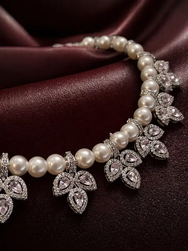 Pink Marquise cut, Handcrafted,  American Diamond and Pearl statement Necklace with Matching Earrings