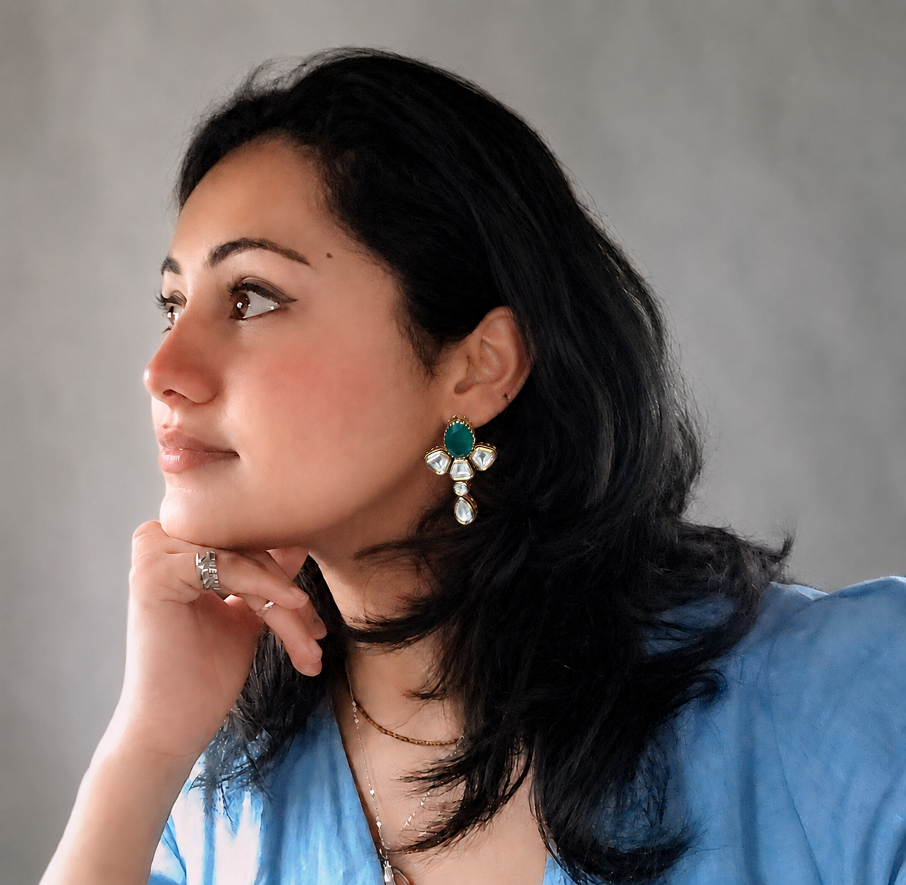 Premium Emerald Green and Kunden Drop Earrings , Gold- Plated Statement Earrings ideal for party, wedding and festival