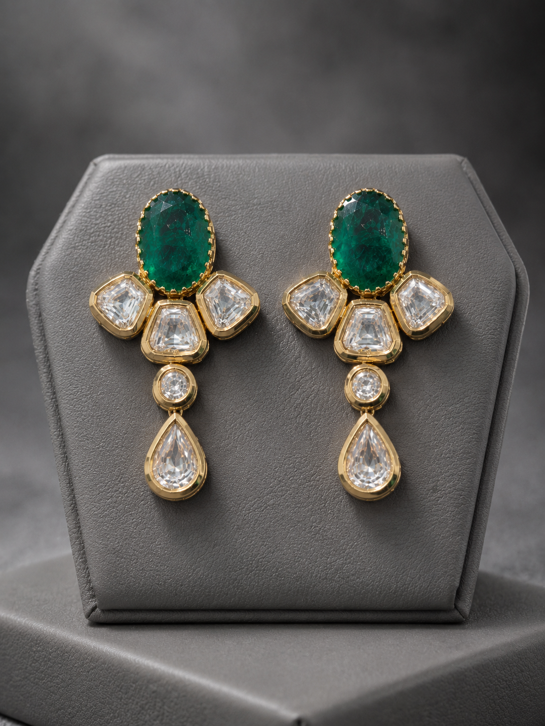 Premium Emerald Green and Kunden Drop Earrings , Gold- Plated Statement Earrings ideal for party, wedding and festival